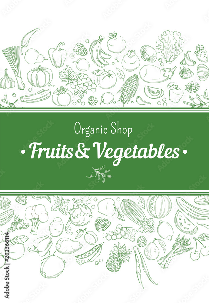 Frame border background pattern of green organic farm fresh tropical fruits and vegetables. Vector illustration. Sketch doodle outline line flat style design. White backdrop label grocery products Frame border background pattern of green organic farm fresh tropical fruits and vegetables. Vector illustration. Sketch doodle outline line flat style design. White backdrop label grocery products