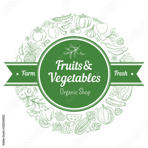 Round Frame border background pattern green organic farm fresh tropical fruits and vegetables. Vector illustration. Sketch doodle outline line flat style design. White backdrop label grocery products