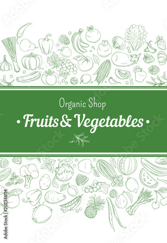 Frame border background pattern of green organic farm fresh tropical fruits and vegetables. Vector illustration. Sketch doodle outline line flat style design. White backdrop label grocery products