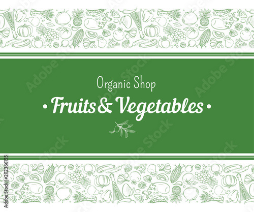 Frame border background pattern of green organic farm fresh tropical fruits and vegetables. Vector illustration. Sketch doodle outline line flat style design. White backdrop label grocery products