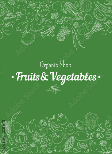 Frame border background pattern of green organic farm fresh tropical fruits and vegetables. Vector illustration. Sketch doodle outline line flat style design. Green backdrop label grocery products