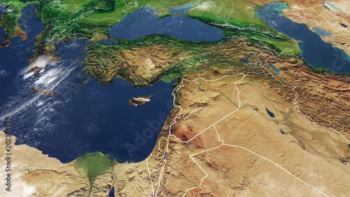 Cartina Siria e confini, cartina fisica Medio Oriente, penisola arabica, cartina con rilievi e montagne e mar Mediterraneo photo