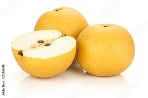 Two Chinese golden pears and one sliced half Nashi variety isolated on white background.