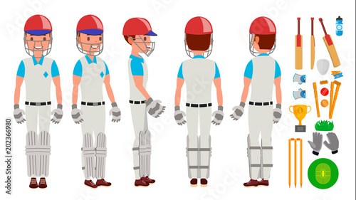 Professional Cricket Player Vector. Equipped Players. Pads, Bats, Helmet. Isolated On White Cartoon Character Illustration