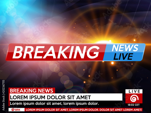 Background screen saver on breaking news. Breaking news live on blue background with sunrise and world map. Vector illustration.