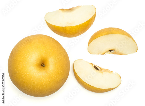 Chinese golden pear top view Nashi variety isolated on white background one round whole three slices.