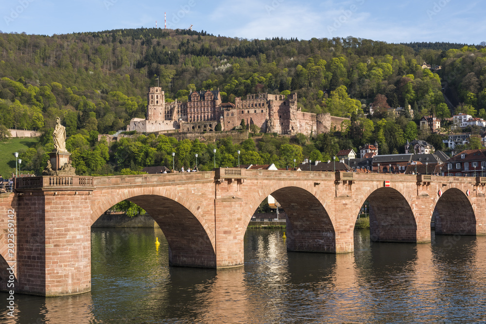 Panorama of romantic Heidelberg city situated on Neckar river - Old bridge with Heidelberg castle in the background, Baden-Wuerttemberg, Germany