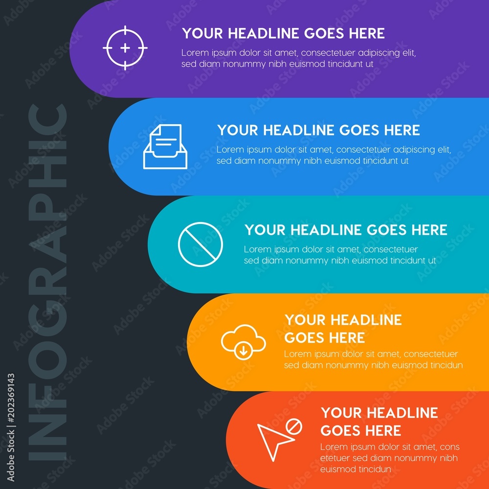 Fototapeta premium Flat cloud and networking, cursors, email infographic steps template with 5 options for presentations, advertising, annual reports.