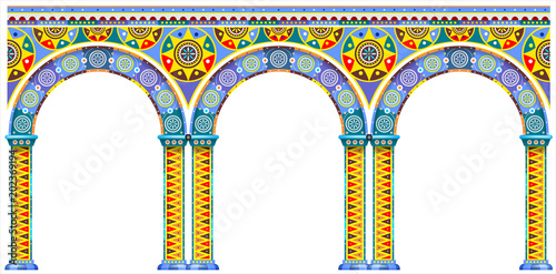 A bright color arch of the carousel or childrens Park. Russian or Oriental style. The cover of the book. Vector graphics