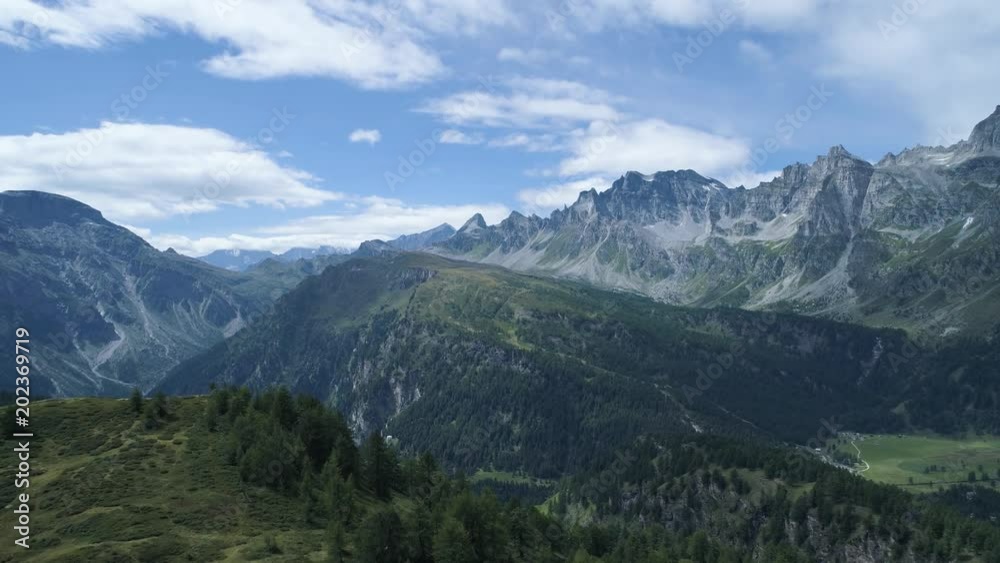 aerial backward to pine forest woods hill from alpine mountain valley in sunny summer with clouds.Alps outdoors green nature scape mountains wild flying establisher.4k drone flight establishing shot