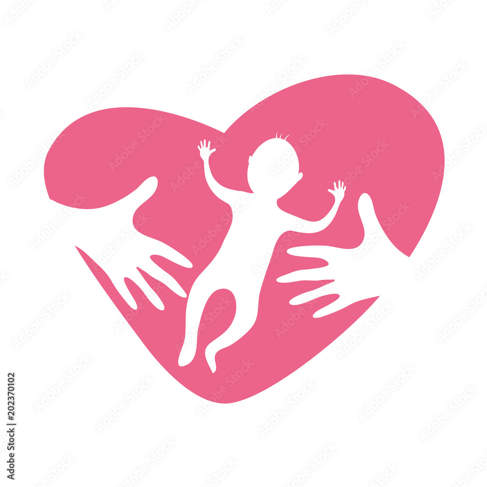Child with hands on heart background-family symbol, vector