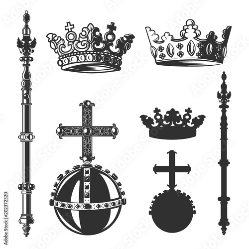 Heraldic symbols, monarch set. Vector illustration.