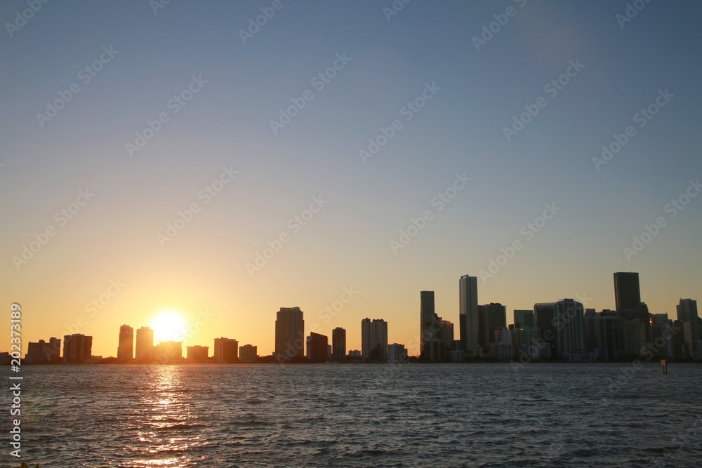 City of Miami Skyline at Sunset in Key Biscayne Next to the Rickenbacher Causeway