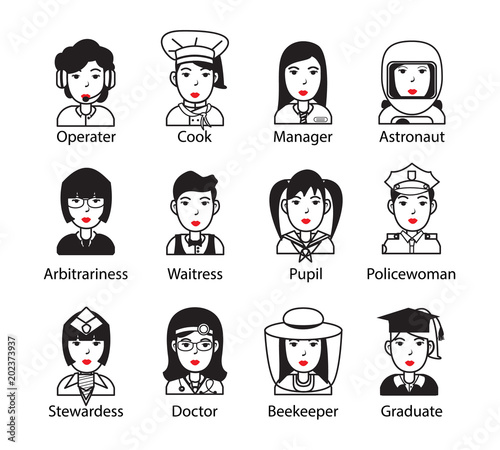 Monochromatic set of twelve woman professions icons. Vector illustration.