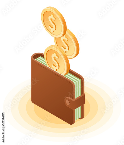 Flat isometric illustration of coins droping into wallet with banknotes. The business growth, money, earnings, profit, success, vector concept isolated on white background.