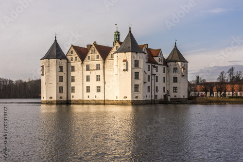 Famous german water castle Gluecksburg in northern Germany (in german language "Glücksburg"), Schleswig-Holstein, Germany
