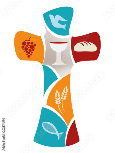 Christian cross with dove, grape, chalice, bread, ears of wheat and fish on colorful background