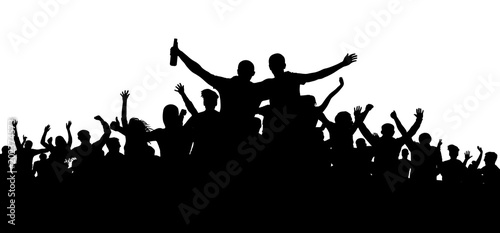 Crowd of people, friends at a party silhouette. Concert, festival, music. Cheer crowd people. Audience cheering applause. Cheerful sports fan. Mob soccer banner. Man with a bottle of beer, alcohol
