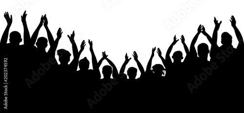 Crowd people cheering, cheer hands up. Applause audience. Cheerful mob fans applauding, clapping. Party, concert, sport. Vector silhouette