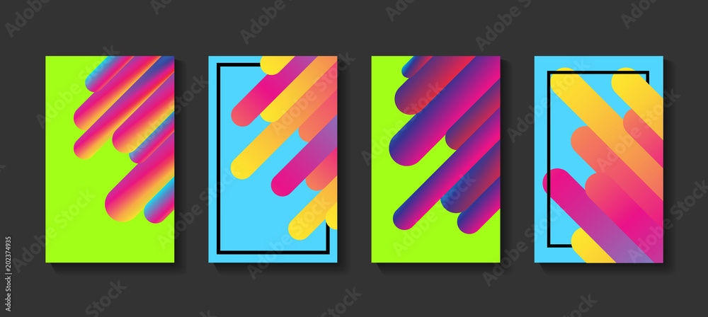 Set of frames with bright abstract painted colorful pattern on grey background. 