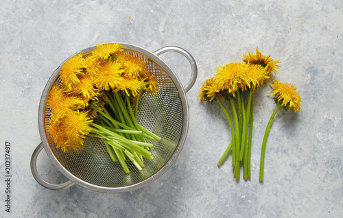 Fototapeta Naklejka Na Ścianę i Meble -  Dandelion flowers in colander
