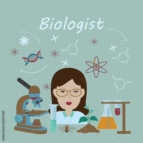 Female biologist surrounded with biology elements. Vector illustration.