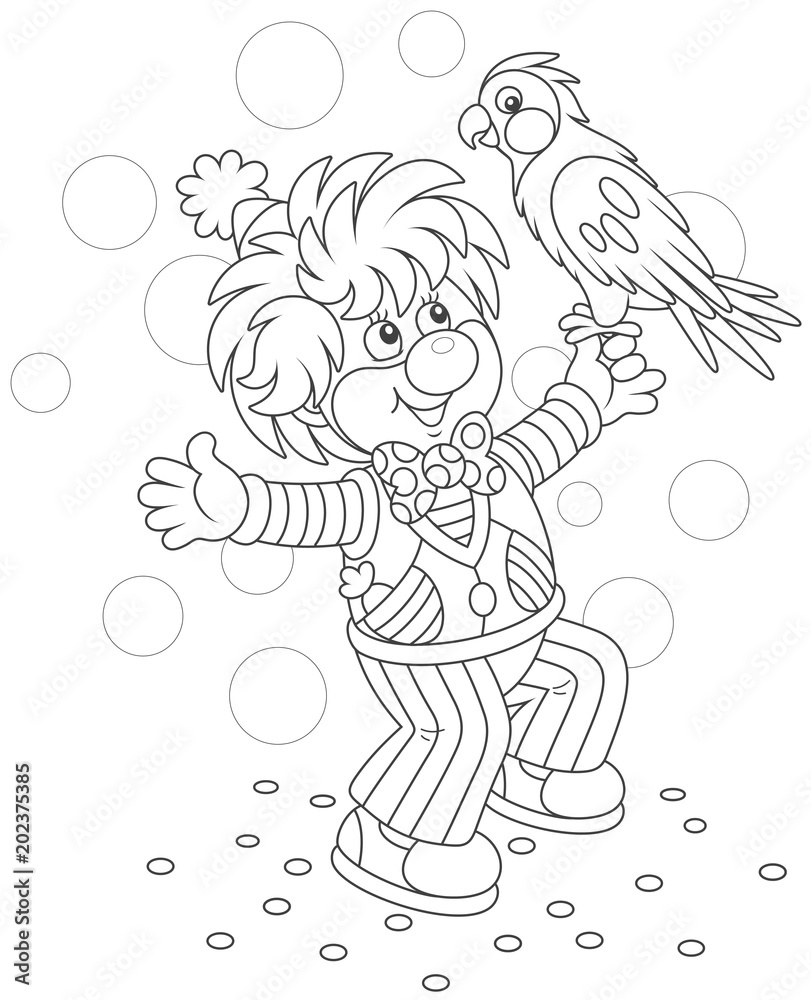 Obraz premium Funny circus clown playing with his parrot, black and white vector illustration in a cartoon style for a coloring book