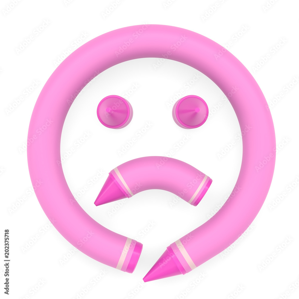 Pink wax crayon face lake sad emoji emoticon on white background, 3D rendered