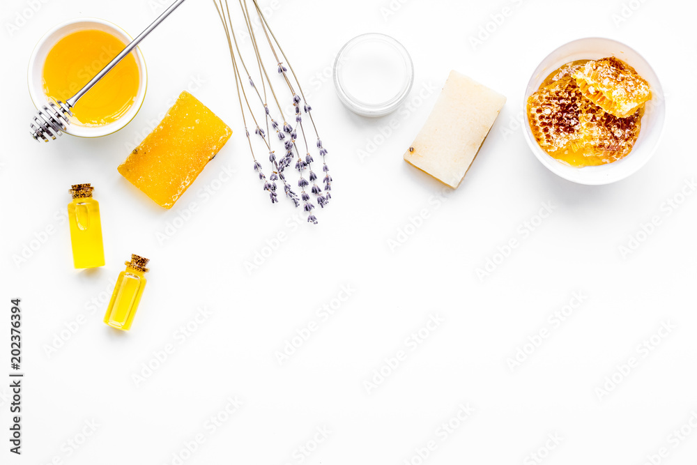 Honey as product for body, face and hair care. Cosmetics with honey. White background top view copy space