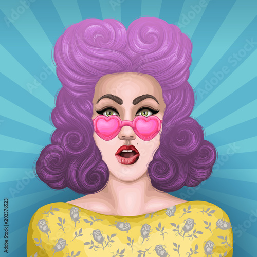Vector painted shocked pin up girl with open mouth in surprise. Fashion model in pink heart shaped glasses with colorful dyed wavy hair of a purple and  violet hue.  Pop Art sun rays back