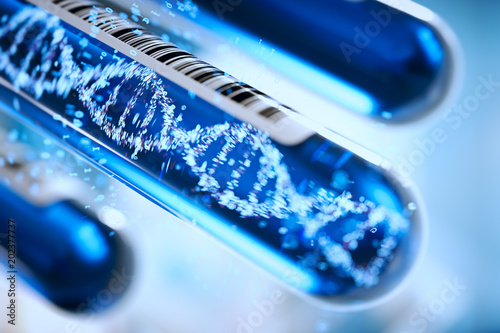Molecule of DNA forming inside the test tube equipment.3d rendering,conceptual image.