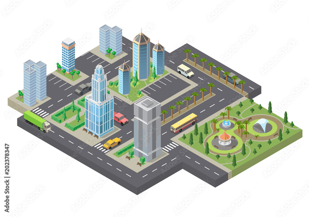 Vector 3d isometric megapolis, city. Collection of skyscrapers, buildings and parking places with green park, palm trees. Streets with traffic - cars, automobiles Vector 3d isometric megapolis, city. Collection of skyscrapers, buildings and parking places with green park, palm trees. Streets with traffic - cars, automobiles