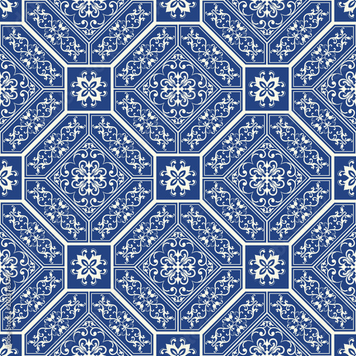 Seamless oriental ornamental pattern. Vector laced decorative background with floral and geometric ornament. Repeating mosaic tiles with mandala. Indian or Arabic motive.