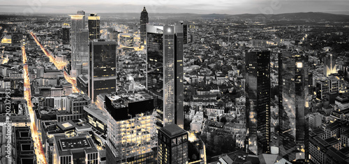 Black and white photography of Frankfurt. High resolution aerial panoramic view of Frankfurt, Germany at dusk.