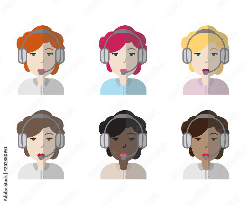 Set of six female avatar operators icons. Different skin tones models. Vector illustration. Set of six female avatar operators icons. Different skin tones models. Vector illustration.