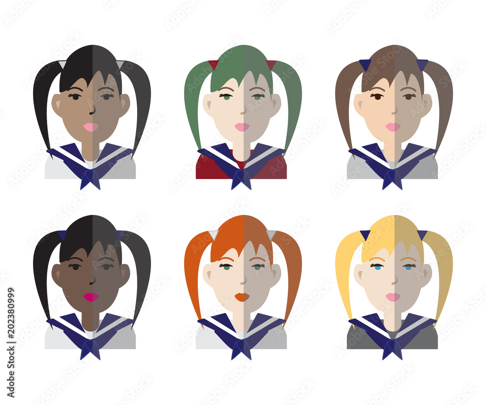 Colorful avatar icons of racially diverse female pupils. Vector illustration. Colorful avatar icons of racially diverse female pupils. Vector illustration.