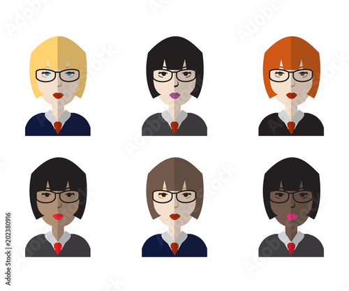 Set of six female judge different skin tones avatar icons. Vector illustration.