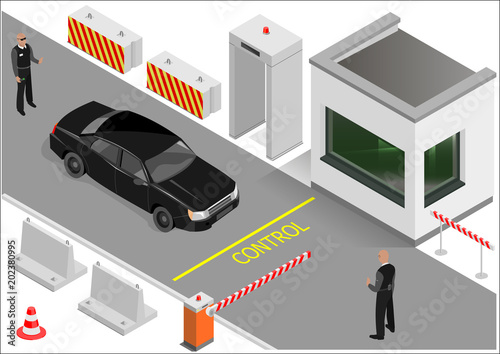 Customs clearance zone with security. Metal detector and barrier in the entrance area. Security guard and car inspection. Vector graphics. photo