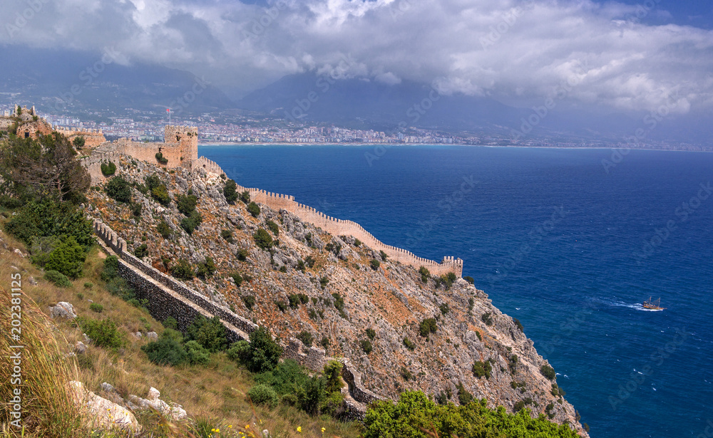 The fortress of Alanya in Turkey. Sea view from the fortress wall and watchtower.
