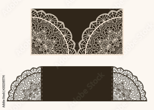 Decorative lazercut lace design element. Lace folds. Gate fold wedding invitation mockup