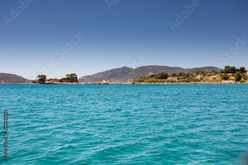 Zakynthos sea resort landscape with hotels near blue sea near Cameo Island