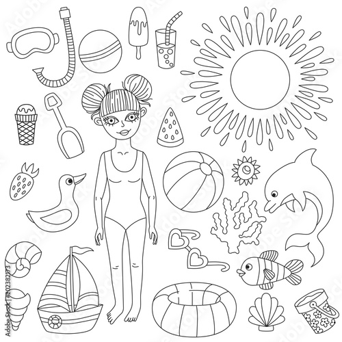 Summer beach icons line sea toys girl characters