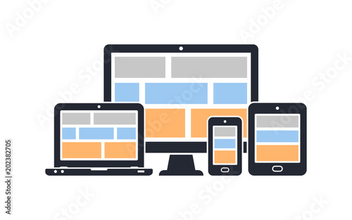 Responsive design for web- computer screen, laptop, smartphone, tablet icons set