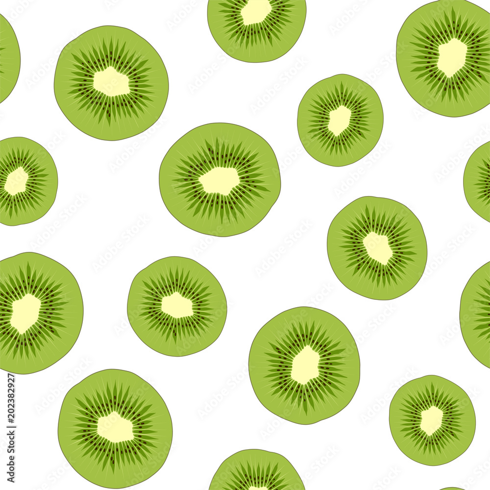 Fototapeta premium Tropical fruit seamless pattern with sweet kiwi slices. Vector.