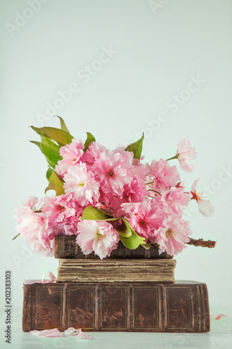 Vintage novel books with bouquet of cherry blossom flowers on white wood background in light pastel colors can be used as background