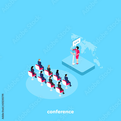 a woman in a business suit speaking in front of people at a conference, an isometric image