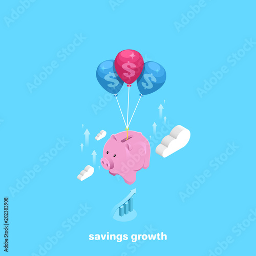 piggy bank on inflatable balls flying to the top, isometric image