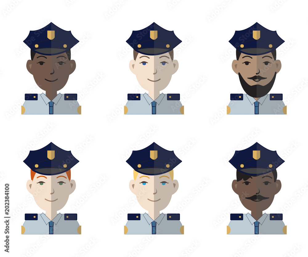 Collection of six colorful avatar icons of racially diverse policemen. Vector illustration.