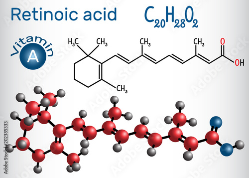 Retinoic acid is a metabolite of vitamin A (retinol) . Structural chemical formula and molecule model