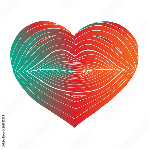 Hand drawn heart with lips inside. Linear shape transformation from lips to the heart. Passionate colorful sign on white background